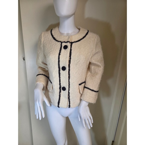 Milly Jackets & Blazers - Milly of New York Cream Black Boucle Tweed Wool Blend Jacket Silk Trim Size 6